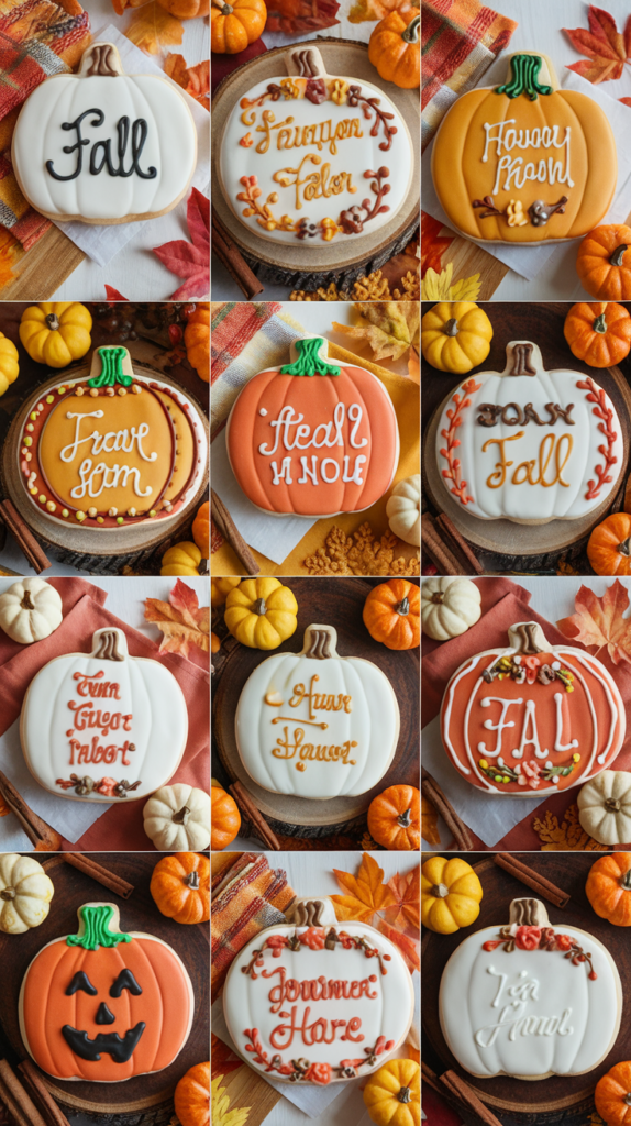 Create a charming, autumnal scene showcasing 11 beautifully decorated pumpkin-shaped sugar cookies, each designed to celebrate the fall season. The cookies should vary in style, featuring a mix of elegant, rustic, and whimsical designs, with vibrant fall colors like orange, gold, and warm browns. Highlight intricate icing techniques, creative use of fall-themed embellishments, and textures that evoke a cozy, festive vibe.

Classic Pumpkin Cookie: A smooth orange iced pumpkin cookie with piped green vines and a delicate stem, simple yet eye-catching.
Gold-Accented Pumpkin: An orange cookie with gold-leaf accents on the edges and a metallic sheen, adding a touch of elegance.
Plaid Pumpkin: A plaid-patterned pumpkin cookie using different shades of orange, cream, and brown to create a cozy, fall-inspired design.
Whimsical Jack-o’-Lantern: A fun twist on the traditional pumpkin cookie with a friendly, smiling jack-o’-lantern face piped in black icing.
Floral Pumpkin: An orange cookie decorated with delicate piped flowers in fall shades of burgundy, mustard, and white along the top and sides.
Rustic Burlap Pumpkin: A textured pumpkin cookie with a burlap-inspired design, featuring soft beige and brown tones for a rustic feel.
Lace-Patterned Pumpkin: A soft orange pumpkin cookie decorated with intricate white lace patterns and dots, offering a vintage touch.
Woodland Pumpkin: A cookie with a woodgrain texture in muted browns and creams, topped with small acorn and leaf decorations.
Pumpkin Pie Slice: A creative twist where the cookie is designed like a slice of pumpkin pie, with a small dollop of icing "whipped cream" on top.
Leaf and Vine Decorated Pumpkin: A pumpkin cookie featuring green icing vines and fall leaves in red, orange, and yellow, creating a nature-inspired design.
Gingham Pumpkin: A playful gingham-patterned cookie in shades of orange and white, perfect for a farmhouse-chic fall celebration.
Background: The scene should evoke the warmth of a fall celebration, with cookies displayed on rustic wooden boards, surrounded by mini pumpkins, fall leaves, cinnamon sticks, and cozy fabric napkins in autumnal colors. The setting should be inviting, with soft, natural lighting that highlights the intricate details of the cookies.

Title Text: Include the enscripted title ‘11 Festive Pumpkin Sugar Cookies Decorated for Fall Celebrations.’ For ‘Pumpkin Sugar Cookies,’ use a playful script font like Pacifico to reflect the fun and creative nature of cookie decorating. For ‘Festive’ and ‘Fall Celebrations,’ recommend a clean sans-serif font like Poppins for contrast and readability. The combination of fonts and a clean layout should make the guide visually engaging and easy to follow.