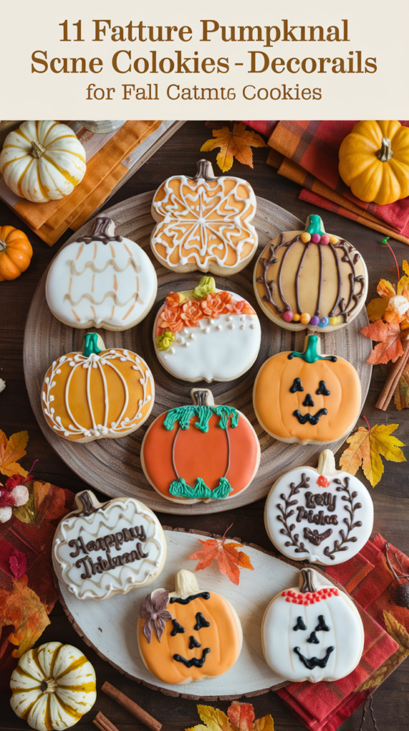 Create a charming, autumnal scene showcasing 11 beautifully decorated pumpkin-shaped sugar cookies, each designed to celebrate the fall season. The cookies should vary in style, featuring a mix of elegant, rustic, and whimsical designs, with vibrant fall colors like orange, gold, and warm browns. Highlight intricate icing techniques, creative use of fall-themed embellishments, and textures that evoke a cozy, festive vibe.

Classic Pumpkin Cookie: A smooth orange iced pumpkin cookie with piped green vines and a delicate stem, simple yet eye-catching.
Gold-Accented Pumpkin: An orange cookie with gold-leaf accents on the edges and a metallic sheen, adding a touch of elegance.
Plaid Pumpkin: A plaid-patterned pumpkin cookie using different shades of orange, cream, and brown to create a cozy, fall-inspired design.
Whimsical Jack-o’-Lantern: A fun twist on the traditional pumpkin cookie with a friendly, smiling jack-o’-lantern face piped in black icing.
Floral Pumpkin: An orange cookie decorated with delicate piped flowers in fall shades of burgundy, mustard, and white along the top and sides.
Rustic Burlap Pumpkin: A textured pumpkin cookie with a burlap-inspired design, featuring soft beige and brown tones for a rustic feel.
Lace-Patterned Pumpkin: A soft orange pumpkin cookie decorated with intricate white lace patterns and dots, offering a vintage touch.
Woodland Pumpkin: A cookie with a woodgrain texture in muted browns and creams, topped with small acorn and leaf decorations.
Pumpkin Pie Slice: A creative twist where the cookie is designed like a slice of pumpkin pie, with a small dollop of icing "whipped cream" on top.
Leaf and Vine Decorated Pumpkin: A pumpkin cookie featuring green icing vines and fall leaves in red, orange, and yellow, creating a nature-inspired design.
Gingham Pumpkin: A playful gingham-patterned cookie in shades of orange and white, perfect for a farmhouse-chic fall celebration.
Background: The scene should evoke the warmth of a fall celebration, with cookies displayed on rustic wooden boards, surrounded by mini pumpkins, fall leaves, cinnamon sticks, and cozy fabric napkins in autumnal colors. The setting should be inviting, with soft, natural lighting that highlights the intricate details of the cookies.

Title Text: Include the enscripted title ‘11 Festive Pumpkin Sugar Cookies Decorated for Fall Celebrations.’ For ‘Pumpkin Sugar Cookies,’ use a playful script font like Pacifico to reflect the fun and creative nature of cookie decorating. For ‘Festive’ and ‘Fall Celebrations,’ recommend a clean sans-serif font like Poppins for contrast and readability. The combination of fonts and a clean layout should make the guide visually engaging and easy to follow.