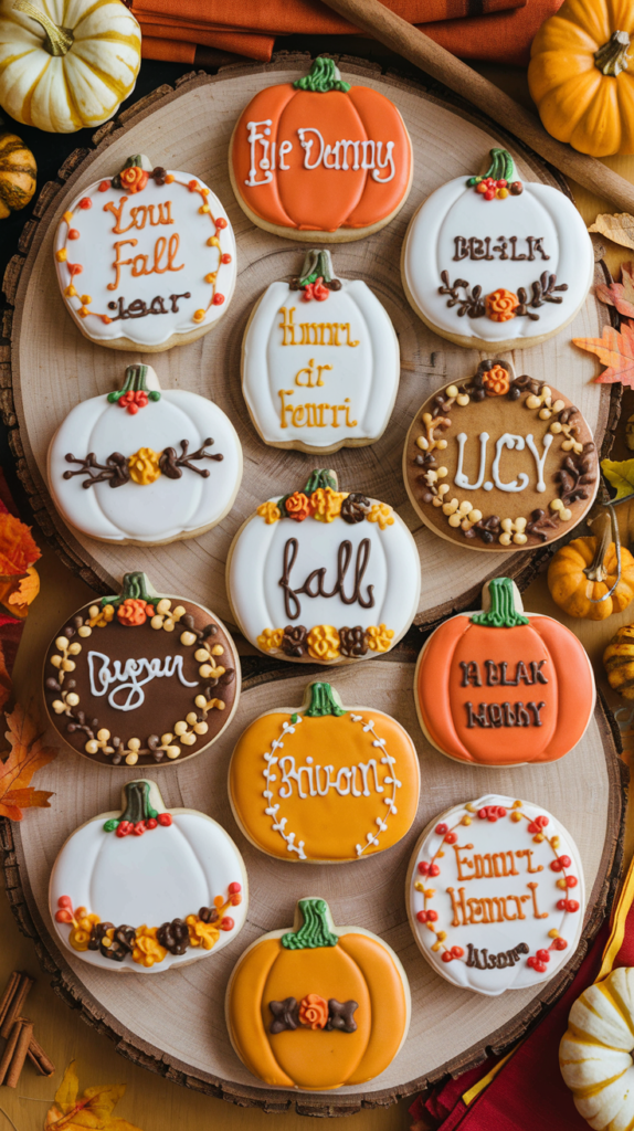 Create a charming, autumnal scene showcasing 11 beautifully decorated pumpkin-shaped sugar cookies, each designed to celebrate the fall season. The cookies should vary in style, featuring a mix of elegant, rustic, and whimsical designs, with vibrant fall colors like orange, gold, and warm browns. Highlight intricate icing techniques, creative use of fall-themed embellishments, and textures that evoke a cozy, festive vibe.

Classic Pumpkin Cookie: A smooth orange iced pumpkin cookie with piped green vines and a delicate stem, simple yet eye-catching.
Gold-Accented Pumpkin: An orange cookie with gold-leaf accents on the edges and a metallic sheen, adding a touch of elegance.
Plaid Pumpkin: A plaid-patterned pumpkin cookie using different shades of orange, cream, and brown to create a cozy, fall-inspired design.
Whimsical Jack-o’-Lantern: A fun twist on the traditional pumpkin cookie with a friendly, smiling jack-o’-lantern face piped in black icing.
Floral Pumpkin: An orange cookie decorated with delicate piped flowers in fall shades of burgundy, mustard, and white along the top and sides.
Rustic Burlap Pumpkin: A textured pumpkin cookie with a burlap-inspired design, featuring soft beige and brown tones for a rustic feel.
Lace-Patterned Pumpkin: A soft orange pumpkin cookie decorated with intricate white lace patterns and dots, offering a vintage touch.
Woodland Pumpkin: A cookie with a woodgrain texture in muted browns and creams, topped with small acorn and leaf decorations.
Pumpkin Pie Slice: A creative twist where the cookie is designed like a slice of pumpkin pie, with a small dollop of icing "whipped cream" on top.
Leaf and Vine Decorated Pumpkin: A pumpkin cookie featuring green icing vines and fall leaves in red, orange, and yellow, creating a nature-inspired design.
Gingham Pumpkin: A playful gingham-patterned cookie in shades of orange and white, perfect for a farmhouse-chic fall celebration.
Background: The scene should evoke the warmth of a fall celebration, with cookies displayed on rustic wooden boards, surrounded by mini pumpkins, fall leaves, cinnamon sticks, and cozy fabric napkins in autumnal colors. The setting should be inviting, with soft, natural lighting that highlights the intricate details of the cookies.

Title Text: Include the enscripted title ‘11 Festive Pumpkin Sugar Cookies Decorated for Fall Celebrations.’ For ‘Pumpkin Sugar Cookies,’ use a playful script font like Pacifico to reflect the fun and creative nature of cookie decorating. For ‘Festive’ and ‘Fall Celebrations,’ recommend a clean sans-serif font like Poppins for contrast and readability. The combination of fonts and a clean layout should make the guide visually engaging and easy to follow.