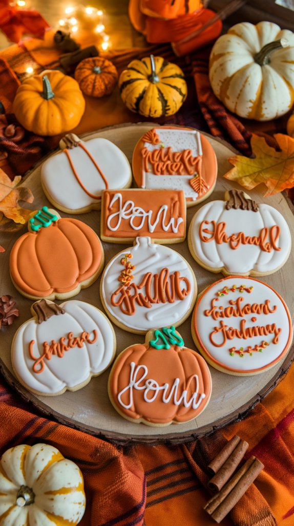 Create a charming, autumnal scene showcasing 11 beautifully decorated pumpkin-shaped sugar cookies, each designed to celebrate the fall season. The cookies should vary in style, featuring a mix of elegant, rustic, and whimsical designs, with vibrant fall colors like orange, gold, and warm browns. Highlight intricate icing techniques, creative use of fall-themed embellishments, and textures that evoke a cozy, festive vibe.

Classic Pumpkin Cookie: A smooth orange iced pumpkin cookie with piped green vines and a delicate stem, simple yet eye-catching.
Gold-Accented Pumpkin: An orange cookie with gold-leaf accents on the edges and a metallic sheen, adding a touch of elegance.
Plaid Pumpkin: A plaid-patterned pumpkin cookie using different shades of orange, cream, and brown to create a cozy, fall-inspired design.
Whimsical Jack-o’-Lantern: A fun twist on the traditional pumpkin cookie with a friendly, smiling jack-o’-lantern face piped in black icing.
Floral Pumpkin: An orange cookie decorated with delicate piped flowers in fall shades of burgundy, mustard, and white along the top and sides.
Rustic Burlap Pumpkin: A textured pumpkin cookie with a burlap-inspired design, featuring soft beige and brown tones for a rustic feel.
Lace-Patterned Pumpkin: A soft orange pumpkin cookie decorated with intricate white lace patterns and dots, offering a vintage touch.
Woodland Pumpkin: A cookie with a woodgrain texture in muted browns and creams, topped with small acorn and leaf decorations.
Pumpkin Pie Slice: A creative twist where the cookie is designed like a slice of pumpkin pie, with a small dollop of icing "whipped cream" on top.
Leaf and Vine Decorated Pumpkin: A pumpkin cookie featuring green icing vines and fall leaves in red, orange, and yellow, creating a nature-inspired design.
Gingham Pumpkin: A playful gingham-patterned cookie in shades of orange and white, perfect for a farmhouse-chic fall celebration.
Background: The scene should evoke the warmth of a fall celebration, with cookies displayed on rustic wooden boards, surrounded by mini pumpkins, fall leaves, cinnamon sticks, and cozy fabric napkins in autumnal colors. The setting should be inviting, with soft, natural lighting that highlights the intricate details of the cookies.

Title Text: Include the enscripted title ‘11 Festive Pumpkin Sugar Cookies Decorated for Fall Celebrations.’ For ‘Pumpkin Sugar Cookies,’ use a playful script font like Pacifico to reflect the fun and creative nature of cookie decorating. For ‘Festive’ and ‘Fall Celebrations,’ recommend a clean sans-serif font like Poppins for contrast and readability. The combination of fonts and a clean layout should make the guide visually engaging and easy to follow.