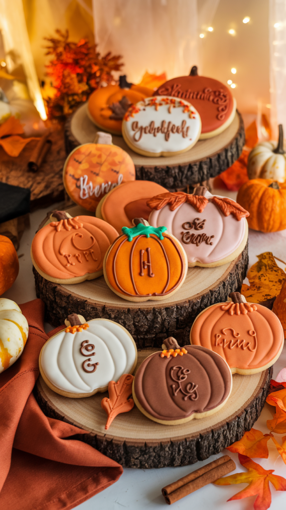 Create a charming, autumnal scene showcasing 11 beautifully decorated pumpkin-shaped sugar cookies, each designed to celebrate the fall season. The cookies should vary in style, featuring a mix of elegant, rustic, and whimsical designs, with vibrant fall colors like orange, gold, and warm browns. Highlight intricate icing techniques, creative use of fall-themed embellishments, and textures that evoke a cozy, festive vibe.

Classic Pumpkin Cookie: A smooth orange iced pumpkin cookie with piped green vines and a delicate stem, simple yet eye-catching.
Gold-Accented Pumpkin: An orange cookie with gold-leaf accents on the edges and a metallic sheen, adding a touch of elegance.
Plaid Pumpkin: A plaid-patterned pumpkin cookie using different shades of orange, cream, and brown to create a cozy, fall-inspired design.
Whimsical Jack-o’-Lantern: A fun twist on the traditional pumpkin cookie with a friendly, smiling jack-o’-lantern face piped in black icing.
Floral Pumpkin: An orange cookie decorated with delicate piped flowers in fall shades of burgundy, mustard, and white along the top and sides.
Rustic Burlap Pumpkin: A textured pumpkin cookie with a burlap-inspired design, featuring soft beige and brown tones for a rustic feel.
Lace-Patterned Pumpkin: A soft orange pumpkin cookie decorated with intricate white lace patterns and dots, offering a vintage touch.
Woodland Pumpkin: A cookie with a woodgrain texture in muted browns and creams, topped with small acorn and leaf decorations.
Pumpkin Pie Slice: A creative twist where the cookie is designed like a slice of pumpkin pie, with a small dollop of icing "whipped cream" on top.
Leaf and Vine Decorated Pumpkin: A pumpkin cookie featuring green icing vines and fall leaves in red, orange, and yellow, creating a nature-inspired design.
Gingham Pumpkin: A playful gingham-patterned cookie in shades of orange and white, perfect for a farmhouse-chic fall celebration.
Background: The scene should evoke the warmth of a fall celebration, with cookies displayed on rustic wooden boards, surrounded by mini pumpkins, fall leaves, cinnamon sticks, and cozy fabric napkins in autumnal colors. The setting should be inviting, with soft, natural lighting that highlights the intricate details of the cookies.

Title Text: Include the enscripted title ‘11 Festive Pumpkin Sugar Cookies Decorated for Fall Celebrations.’ For ‘Pumpkin Sugar Cookies,’ use a playful script font like Pacifico to reflect the fun and creative nature of cookie decorating. For ‘Festive’ and ‘Fall Celebrations,’ recommend a clean sans-serif font like Poppins for contrast and readability. The combination of fonts and a clean layout should make the guide visually engaging and easy to follow.