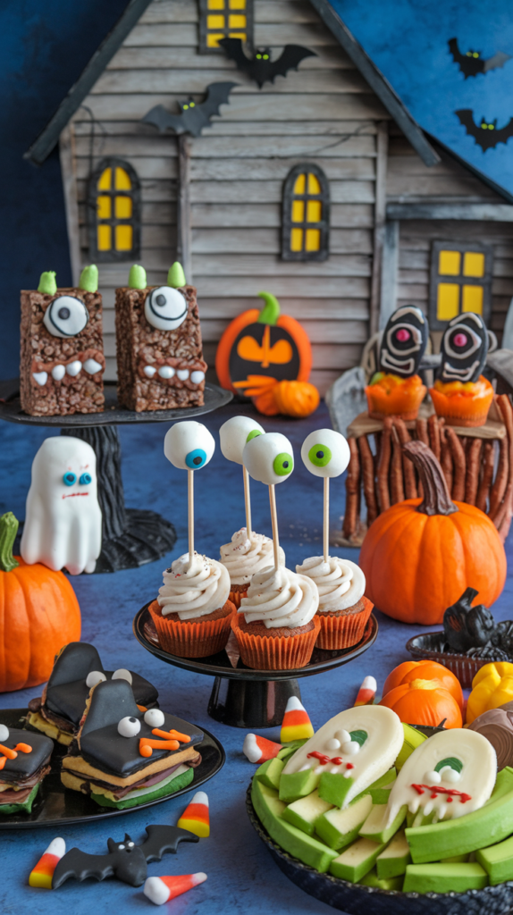 Create a playful and vibrant scene showcasing 15 spooky and fun Halloween treats designed specifically for kids. Each treat should reflect the whimsical and festive spirit of Halloween, incorporating colorful decorations, fun shapes, and a variety of textures. The overall atmosphere should be cheerful and slightly spooky, appealing to children's love for Halloween treats while remaining fun and approachable.

Monster Rice Krispie Treats: Colorful rice krispie treats shaped like monsters, decorated with googly eyes and candy teeth for a fun, playful look.
Ghostly Meringues: Light, airy meringue ghosts with chocolate chip eyes, arranged in a ghostly formation on a serving platter.
Witch's Broomstick Pretzels: Pretzel sticks wrapped in chocolate with mini Reese’s pieces as the broom bristles, looking cute and creative.
Pumpkin Spice Cupcakes: Mini pumpkin spice cupcakes topped with orange frosting and a fondant pumpkin decoration on each one.
Spider Cookies: Chocolate cookies decorated with black icing to resemble spiders, using chocolate-covered pretzels for the legs.
Eyeball Cake Pops: Cake pops decorated to look like spooky eyeballs, with white chocolate coating and candy iris centers.
Frankenstein Marshmallow Pops: Marshmallows dipped in green chocolate, decorated with chocolate chips for eyes, and black icing for hair and mouth.
Mummy Hot Dogs: Mini hot dogs wrapped in crescent roll dough, baked until golden, and decorated with mustard eyes for a spooky touch.
Bat-Shaped Sandwiches: Peanut butter and jelly sandwiches cut into bat shapes with chocolate wings and eyes made from candy.
Witch Hat Cookies: Chocolate cookies topped with a chocolate kiss and decorated with orange icing for the brim, resembling witch hats.
Candy Corn Fruit Cups: Layered fruit cups with orange melon, pineapple, and whipped cream, resembling candy corn in appearance.
Chocolate-Dipped Ghost Bananas: Bananas cut in half and dipped in white chocolate, decorated with dark chocolate chips for ghostly faces.
Skeleton Veggie Tray: A veggie tray arranged to look like a skeleton, using vegetables for bones and a bowl of dip for the skull.
Creepy Crawly Jello Cups: Clear cups filled with green jello and gummy worms, creating a spooky dessert that kids will love.
Pumpkin Patch Dirt Cups: Chocolate pudding cups layered with crushed Oreos and topped with candy pumpkins and gummy worms for a fun dessert.
Background: The setting should evoke the excitement of Halloween, featuring colorful tablecloths, Halloween-themed decorations like bats and pumpkins, and soft, spooky lighting. Arrange the treats on a festive table decorated with Halloween props like spider webs, skeletons, and candy corn, creating an inviting atmosphere for kids.

Title Text: Include the enscripted title ‘15 Spooky and Fun Halloween Treats for Kids They'll Love.’ For ‘Spooky and Fun Halloween Treats,’ use a playful, whimsical font like Fredericka the Great to capture the festive spirit. For ‘for Kids They’ll Love,’ recommend a bold, simple sans-serif font like Roboto for clarity and readability. The combination of these fonts, along with a structured layout, will make the guide visually engaging and easy to follow.